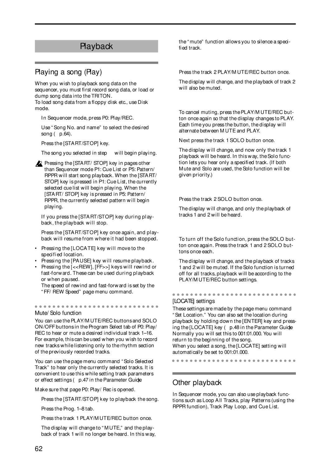 Korg Speaker System owner manual Playback, Playing a song Play, Other playback, Mute/Solo function, Locate settings 