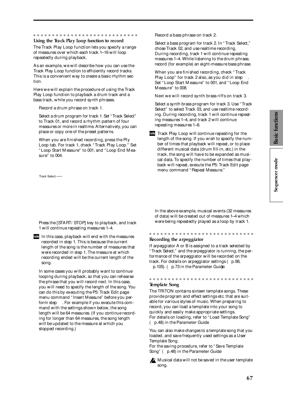 Korg Speaker System owner manual Using the Track Play Loop function to record, Recording the arpeggiator, Template Song 