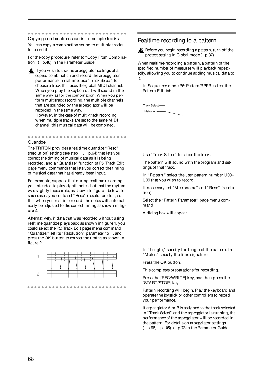 Korg Speaker System owner manual Realtime recording to a pattern, Copying combination sounds to multiple tracks, Quantize 