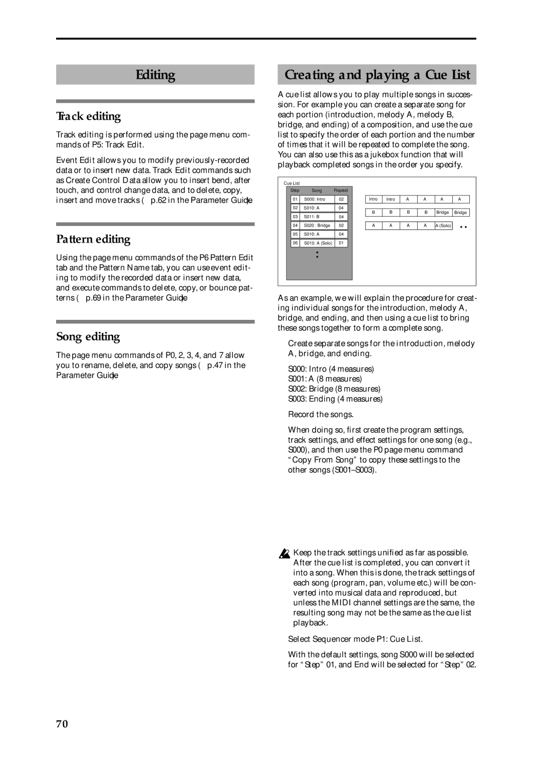 Korg Speaker System owner manual Editing, Creating and playing a Cue List, Track editing, Pattern editing, Song editing 