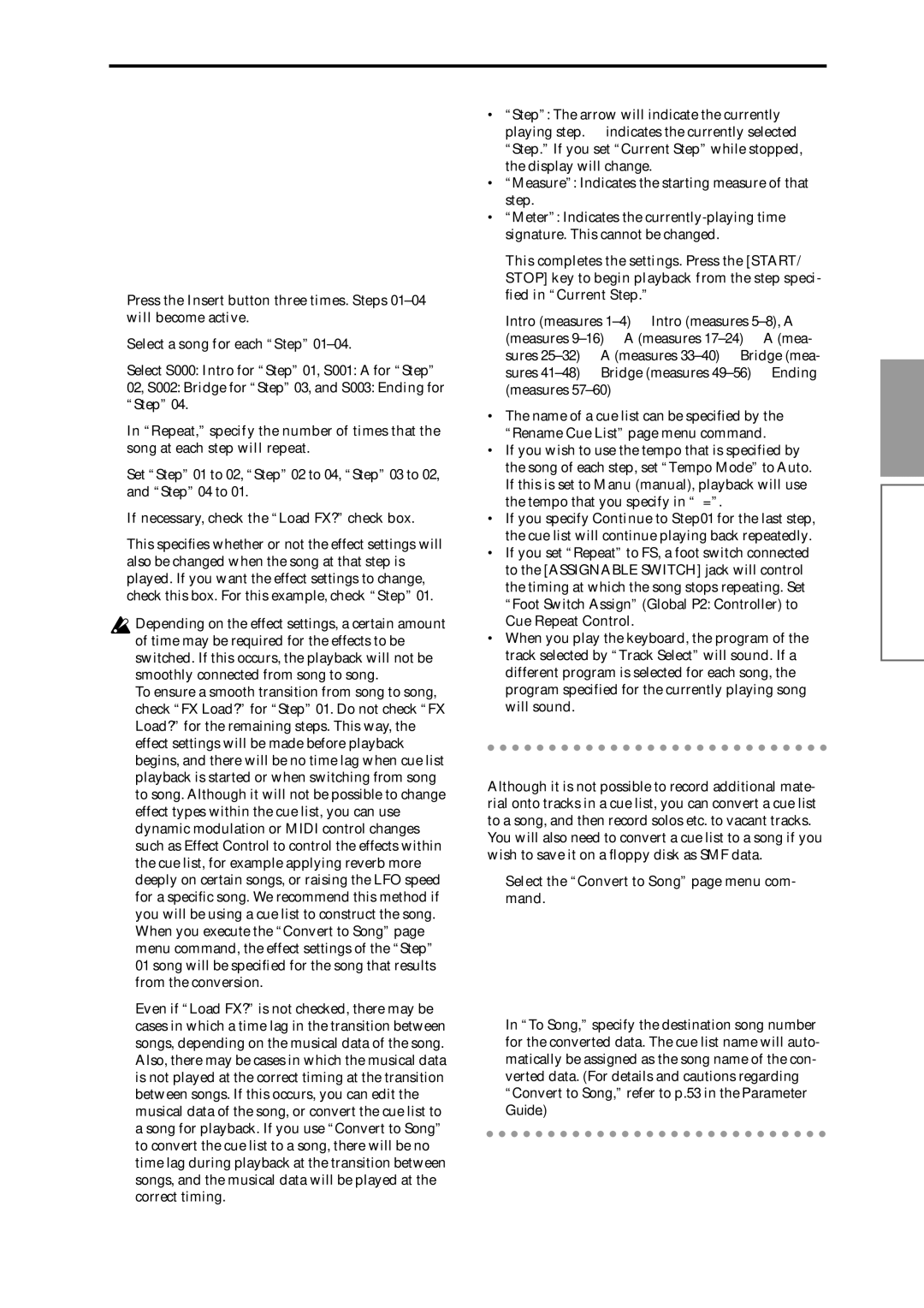 Korg Speaker System owner manual Converting a cue list to a song, If necessary, check the Load FX? check box 