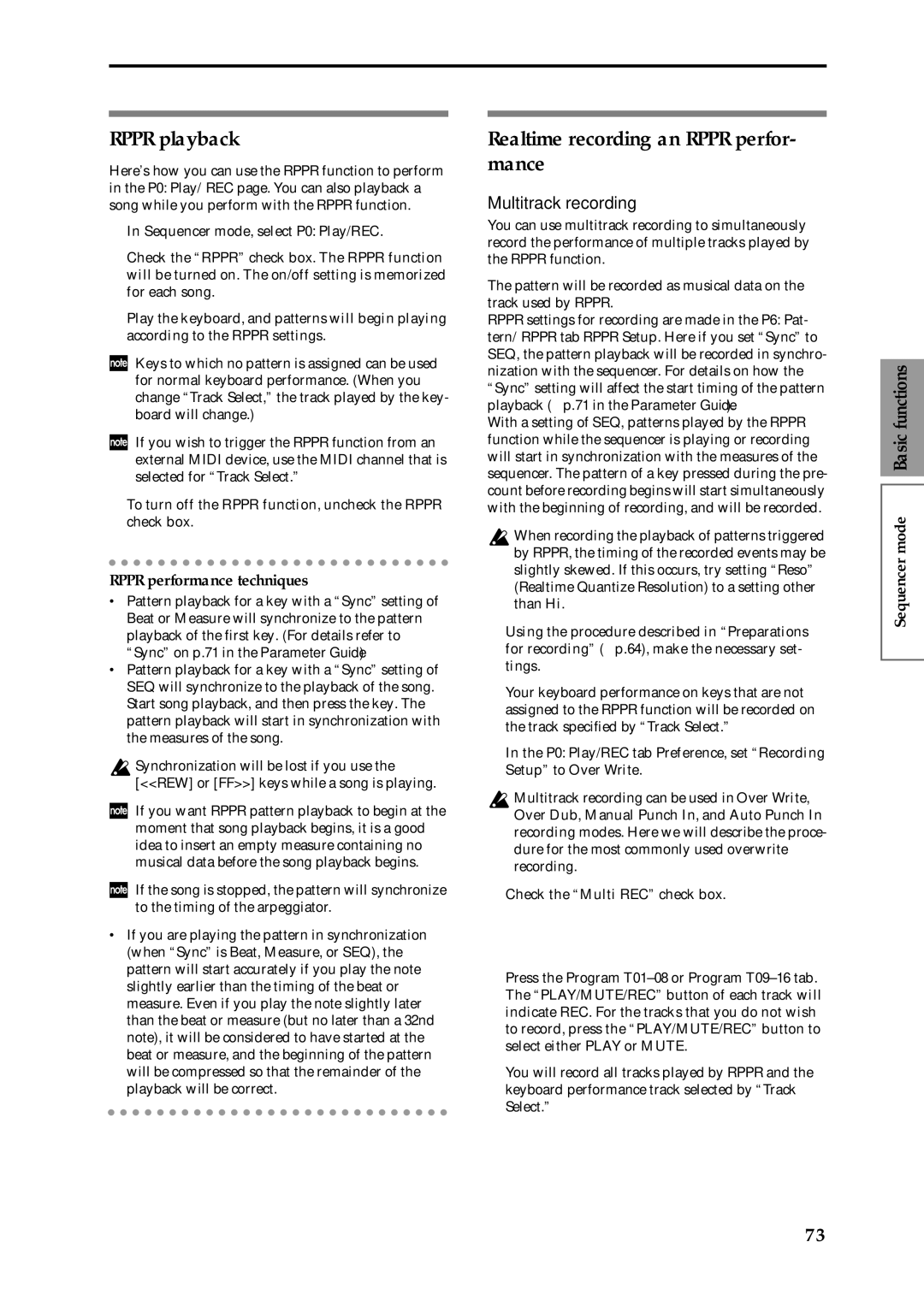 Korg Speaker System owner manual Rppr playback, Realtime recording an Rppr perfor- mance, Multitrack recording 