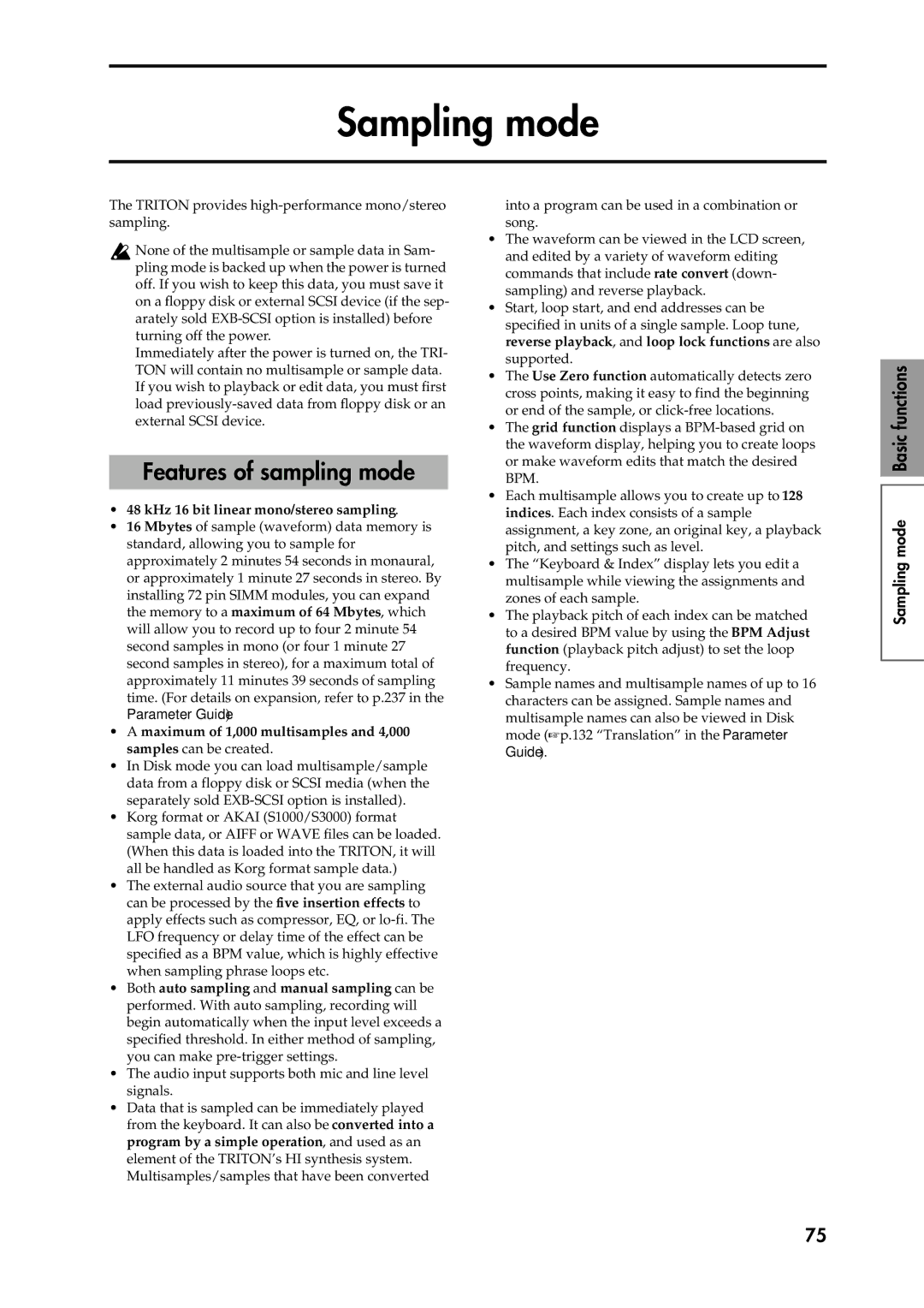 Korg Speaker System owner manual Sampling mode, Features of sampling mode, KHz 16 bit linear mono/stereo sampling 