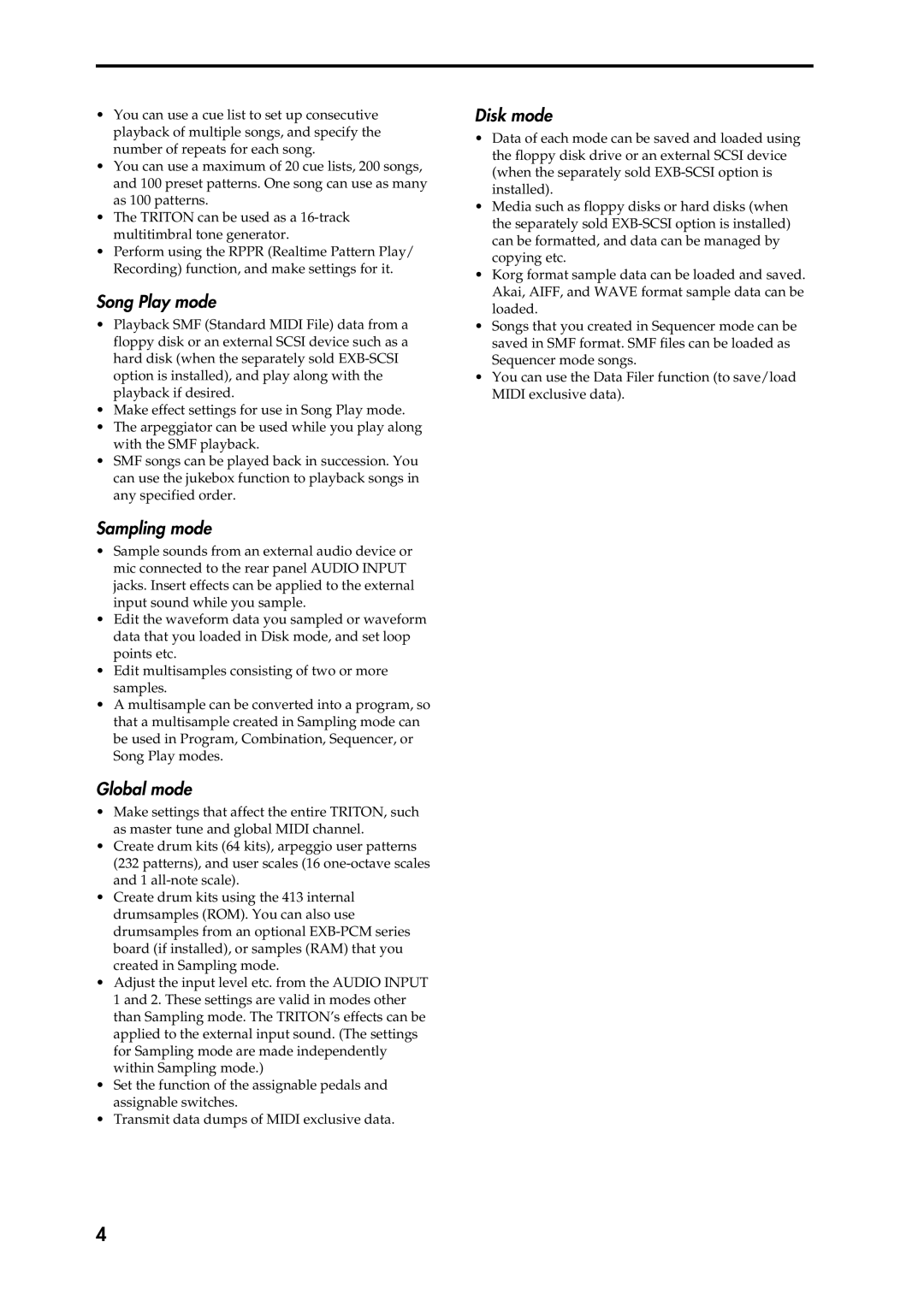 Korg Speaker System owner manual Song Play mode, Sampling mode, Global mode, Disk mode 