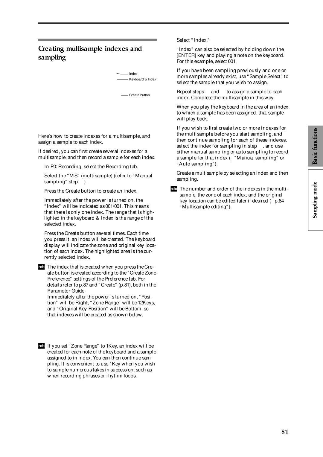 Korg Speaker System owner manual Creating multisample indexes and sampling, Select Index 