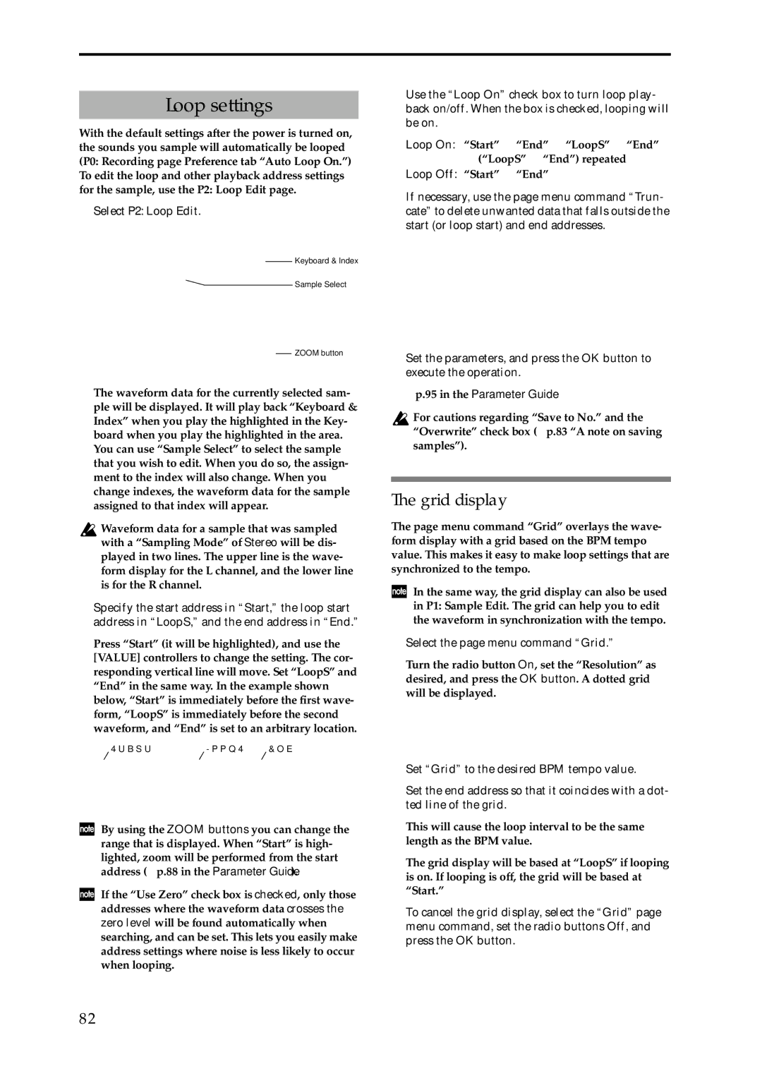 Korg Speaker System owner manual Loop settings, Grid display, Select P2 Loop Edit, Select the page menu command Grid 