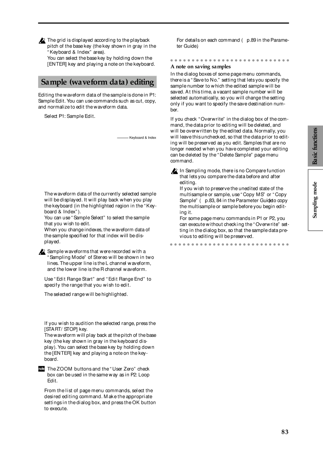 Korg Speaker System owner manual Sample waveform data editing, Select P1 Sample Edit 