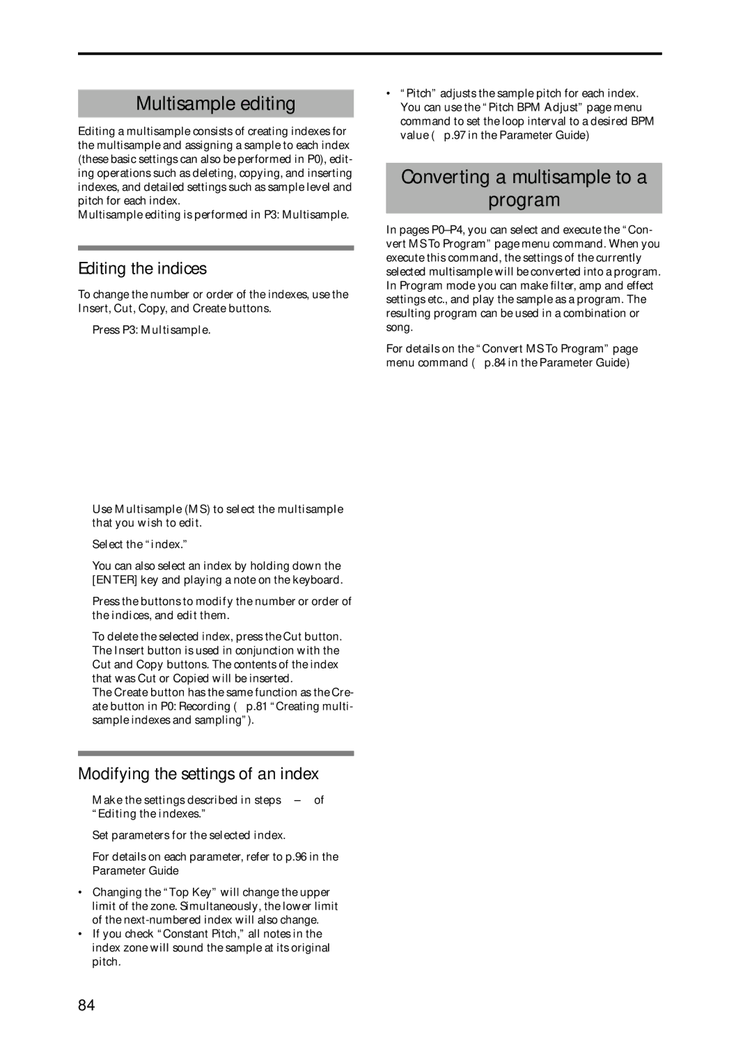 Korg Speaker System owner manual Multisample editing, Converting a multisample to a Program, Editing the indices 