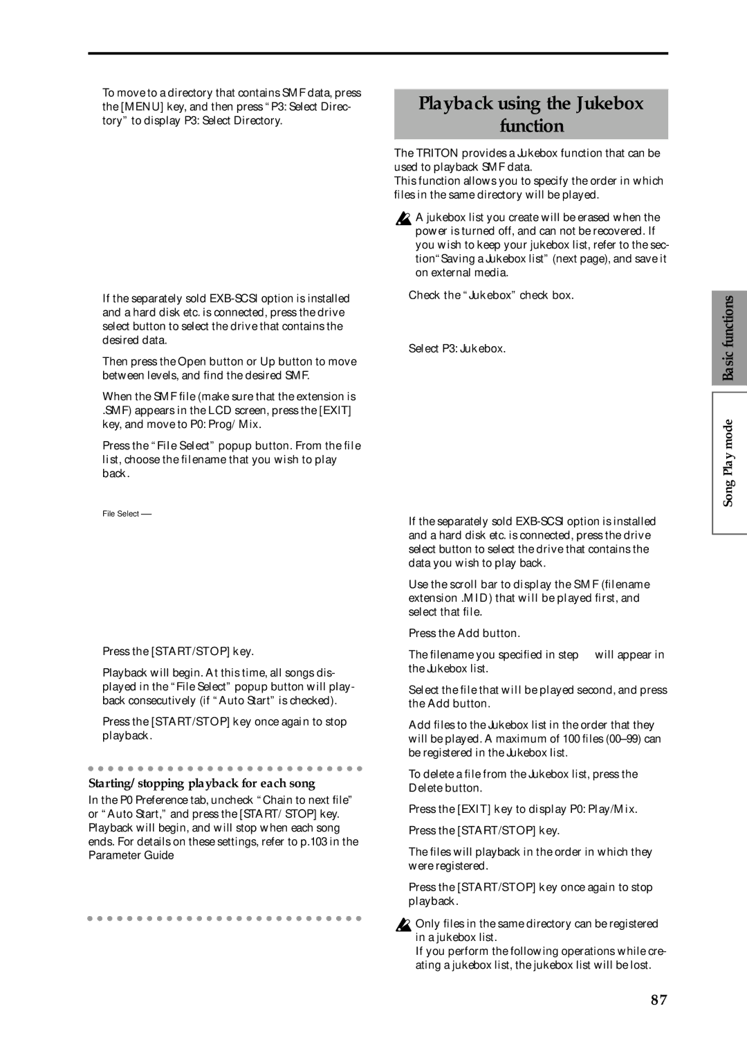 Korg Speaker System owner manual Playback using the Jukebox Function, Starting/stopping playback for each song 