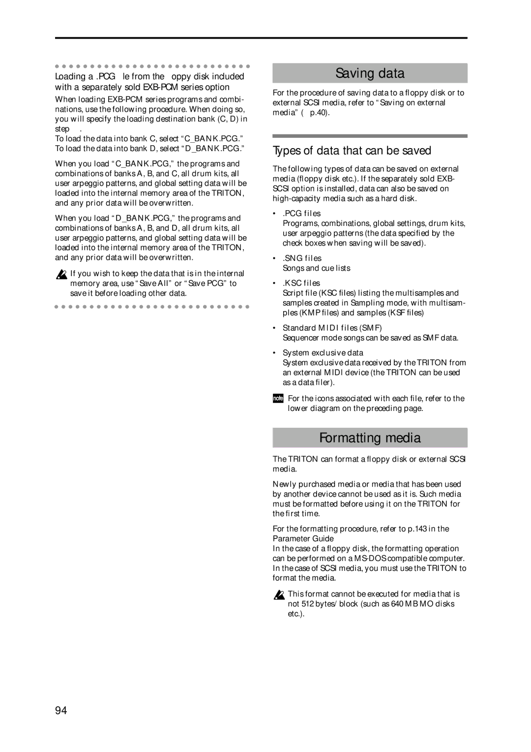 Korg Speaker System owner manual Saving data, Formatting media, Types of data that can be saved 