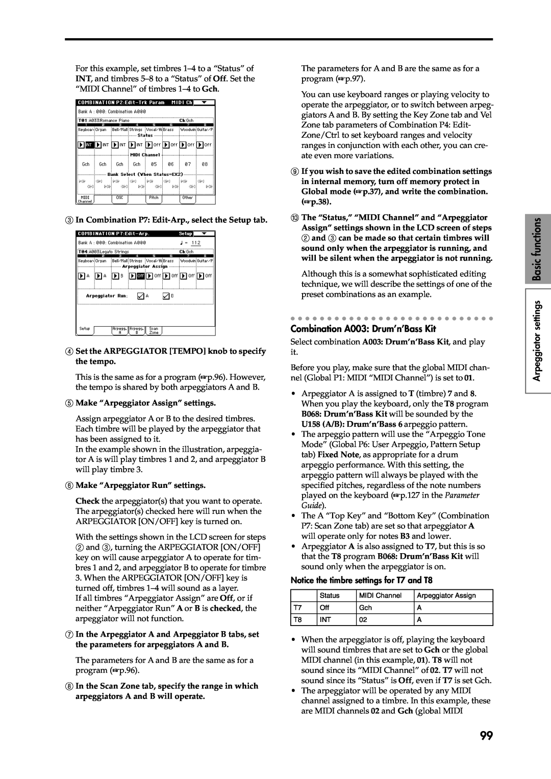 Korg Speaker System owner manual Combination A003 Drum’n’Bass Kit, Arpeggiator settings Basic functions 