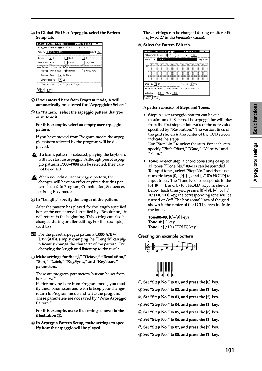 Korg Speaker System owner manual Creating an example pattern, Arpeggiator settings Basic functions 