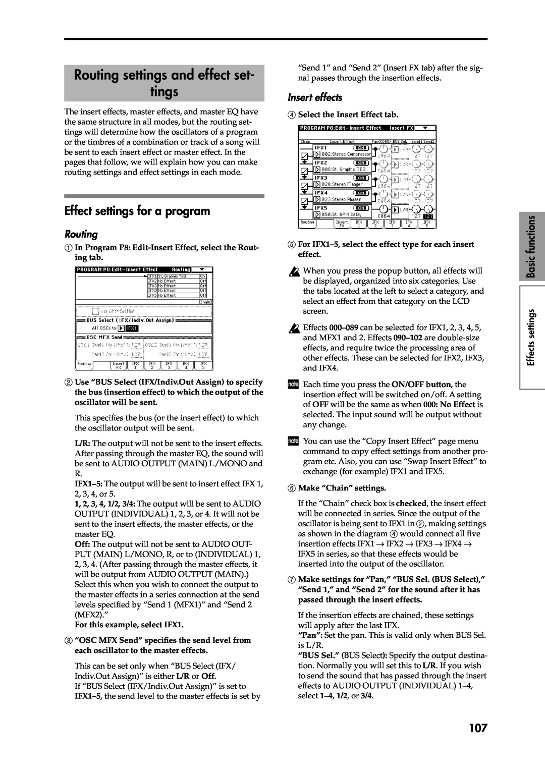 Korg Speaker System owner manual Routing settings and effect set tings, Effect settings for a program, Insert effects 