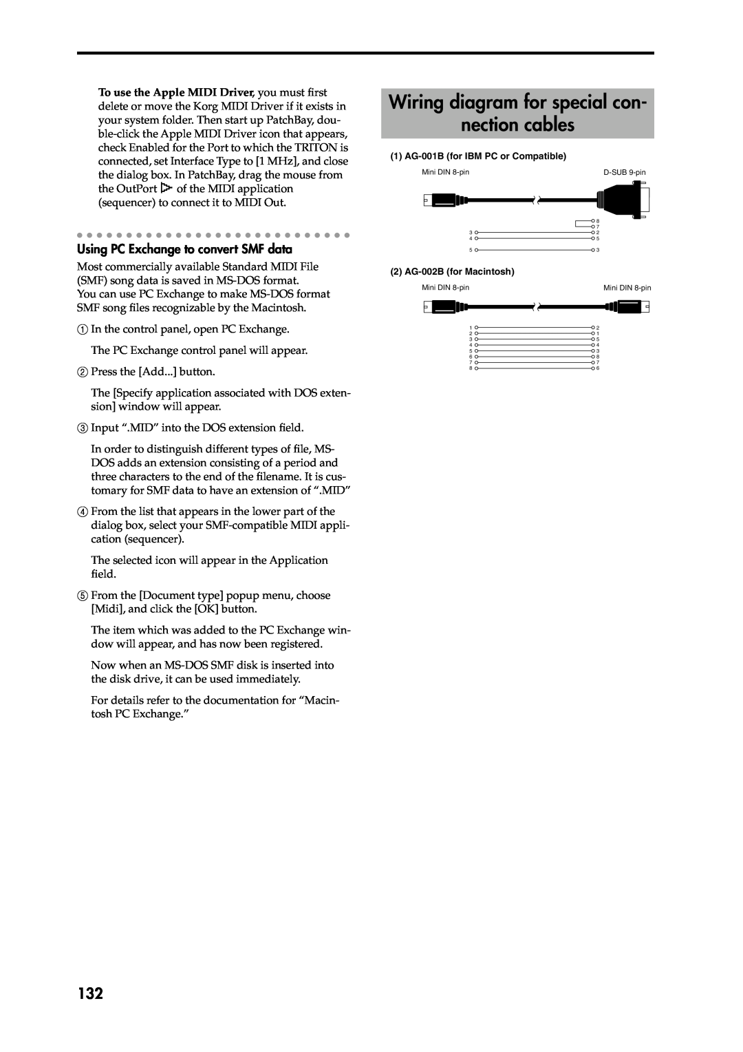 Korg Speaker System owner manual Wiring diagram for special con nection cables, Using PC Exchange to convert SMF data 