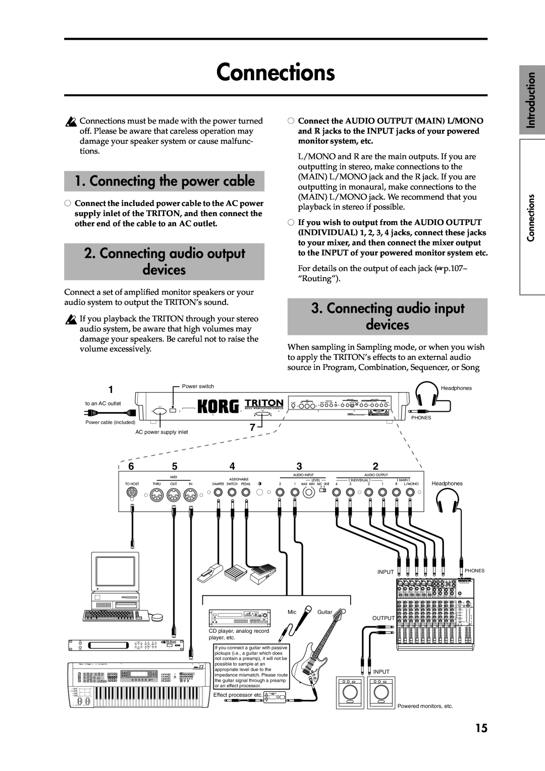 Korg Speaker System owner manual Connections, Connecting the power cable, Connecting audio output devices, Introduction 