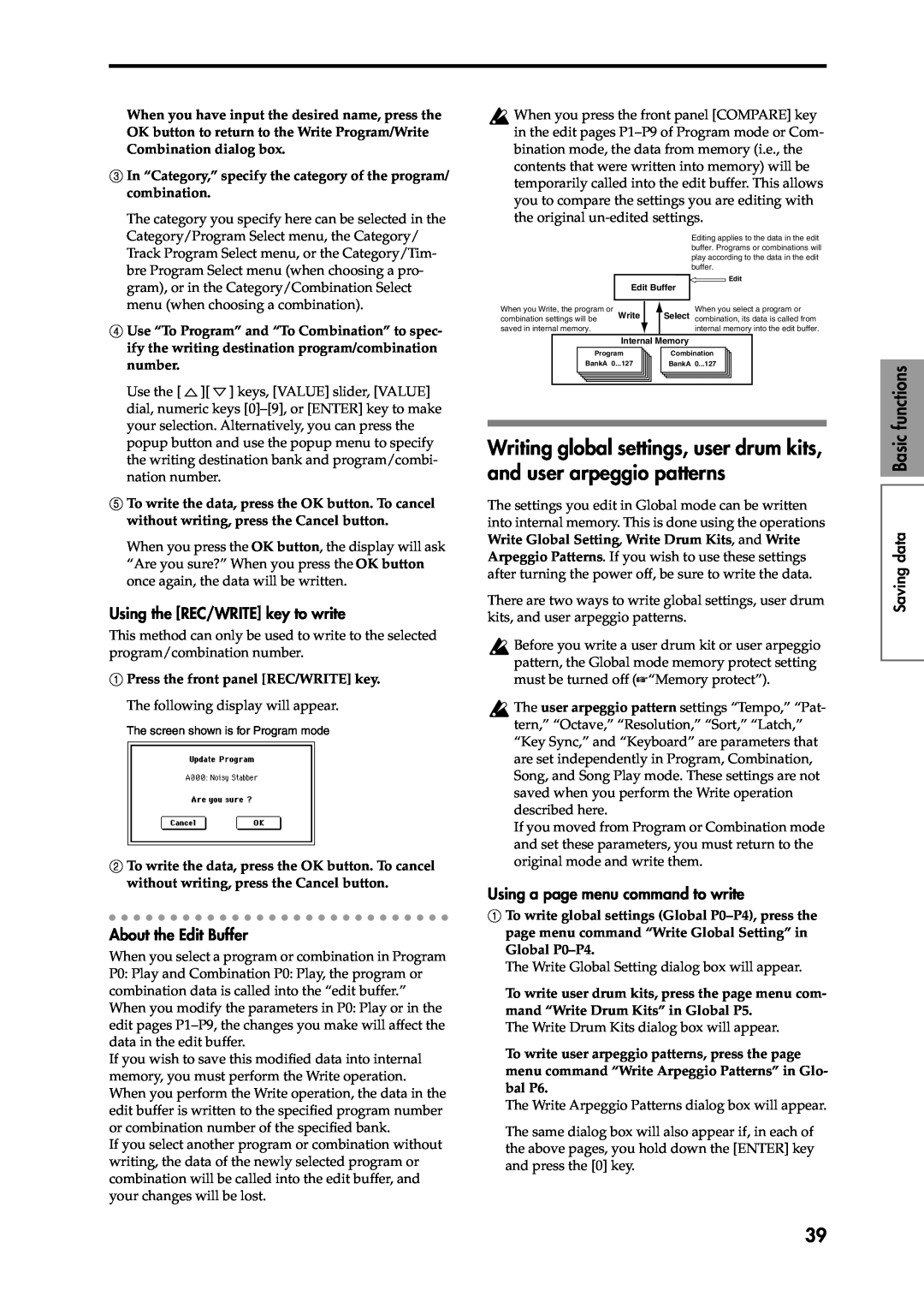 Korg Speaker System owner manual Saving data Basic functions, Using the REC/WRITE key to write, About the Edit Buffer 