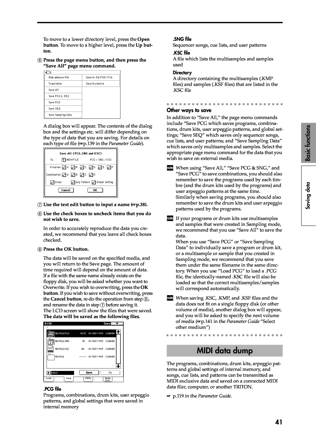Korg Speaker System MIDI data dump, Saving data Basic functions, Other ways to save, p.119 in the Parameter Guide 