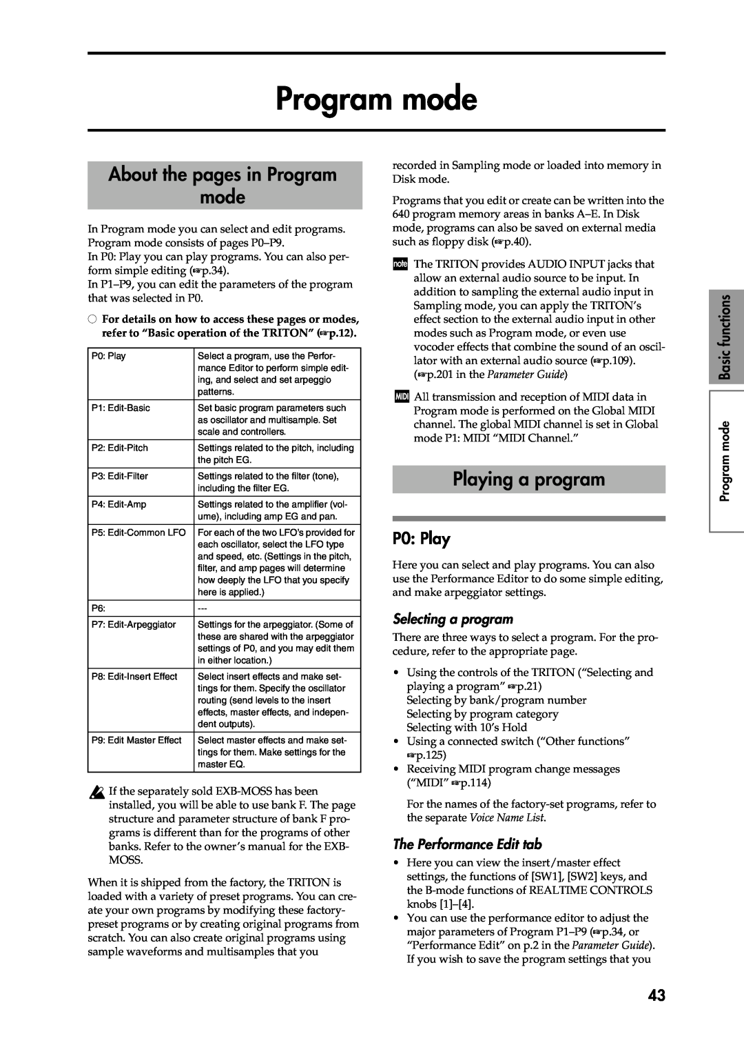 Korg Speaker System owner manual About the pages in Program mode, Playing a program, P0: Play, Selecting a program 