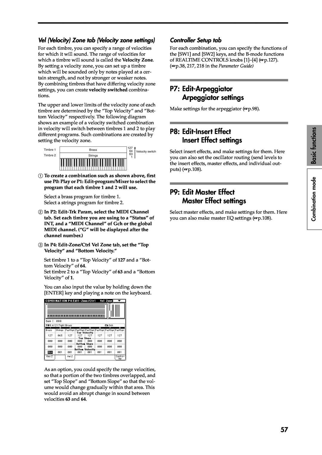 Korg Speaker System owner manual P7: Edit-Arpeggiator Arpeggiator settings, Vel Velocity Zone tab Velocity zone settings 