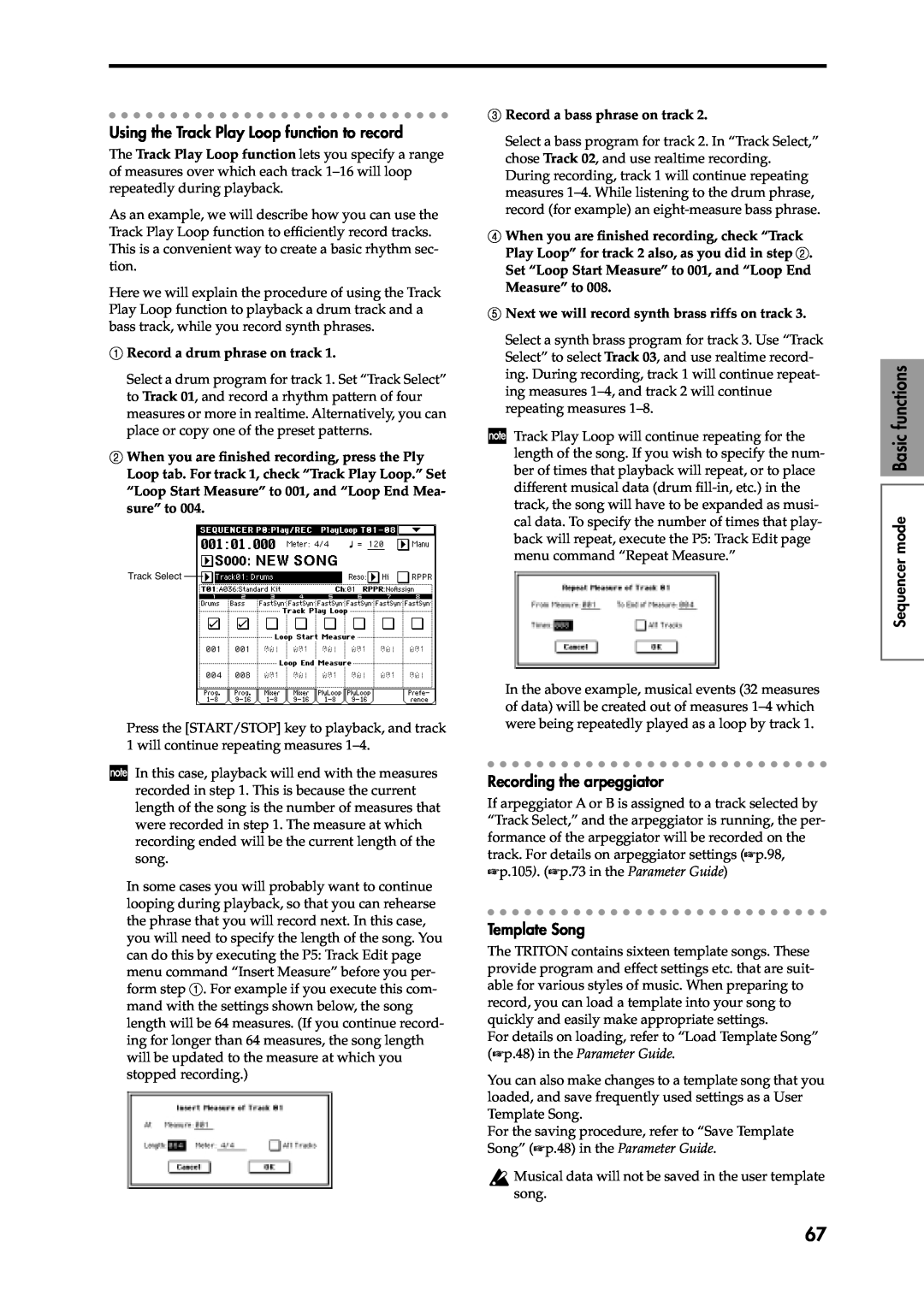 Korg Speaker System owner manual Using the Track Play Loop function to record, Recording the arpeggiator, Template Song 