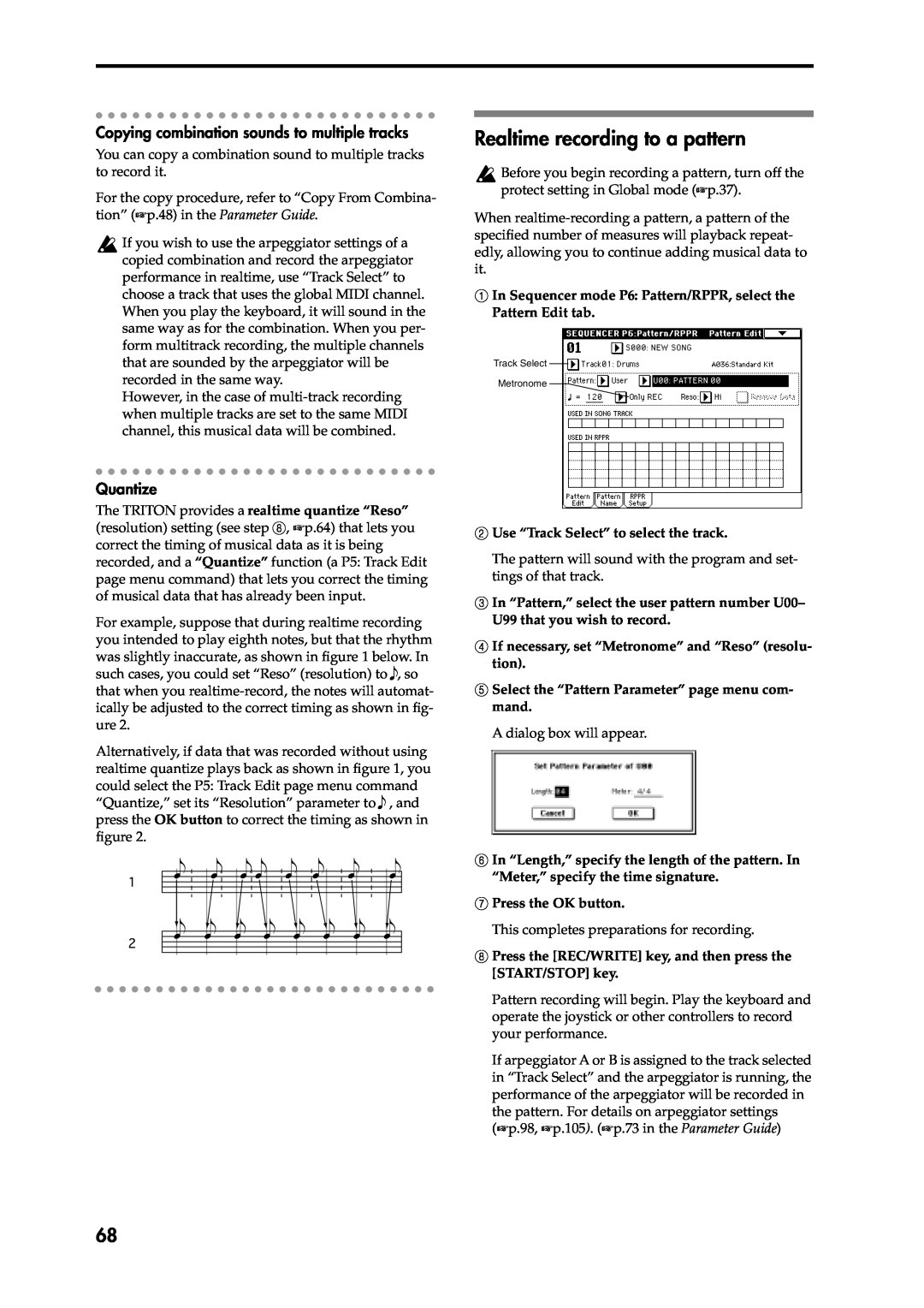Korg Speaker System owner manual Realtime recording to a pattern, Copying combination sounds to multiple tracks, Quantize 
