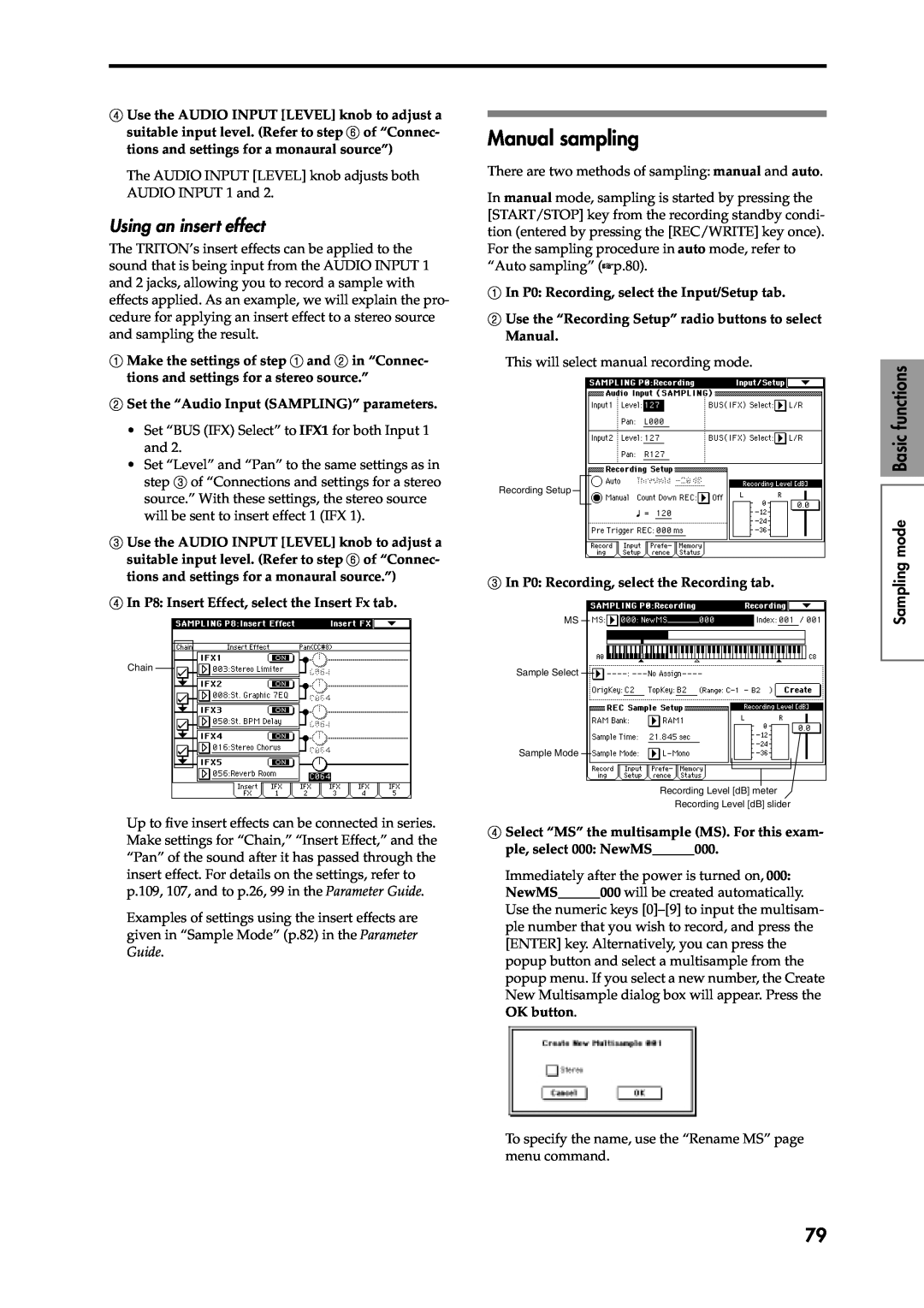 Korg Speaker System owner manual Manual sampling, Using an insert effect, Sampling mode Basic functions 
