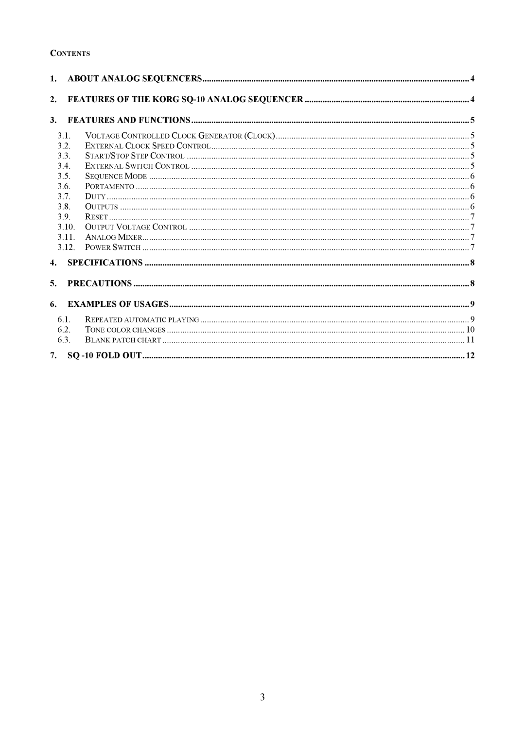 Korg SQ-10 user manual Specifications Precautions Examples of Usages 