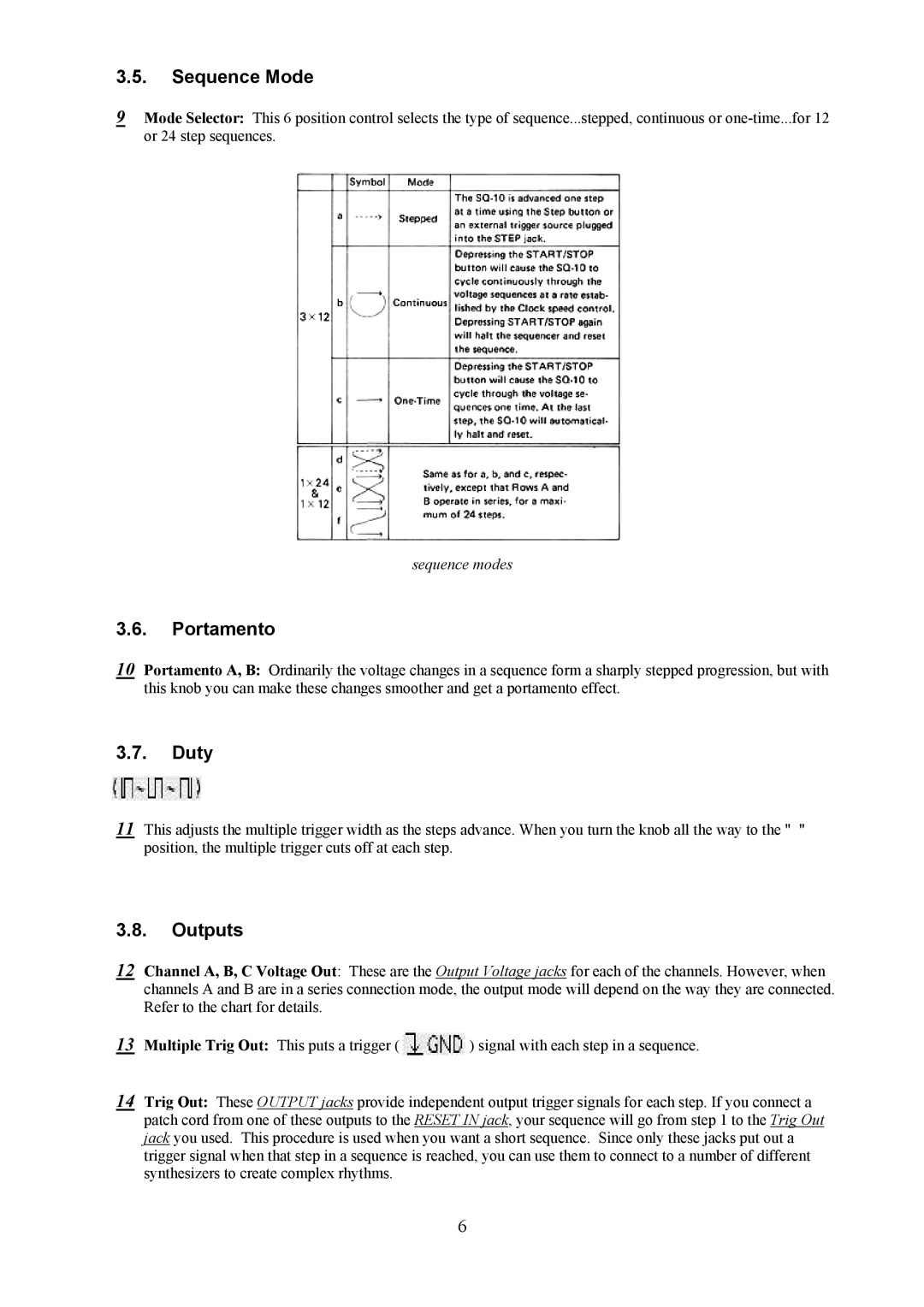 Korg SQ-10 user manual Sequence Mode, Portamento, Duty, Outputs 