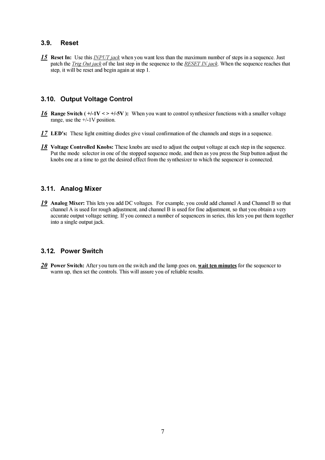 Korg SQ-10 user manual Reset, Output Voltage Control, Analog Mixer, Power Switch 