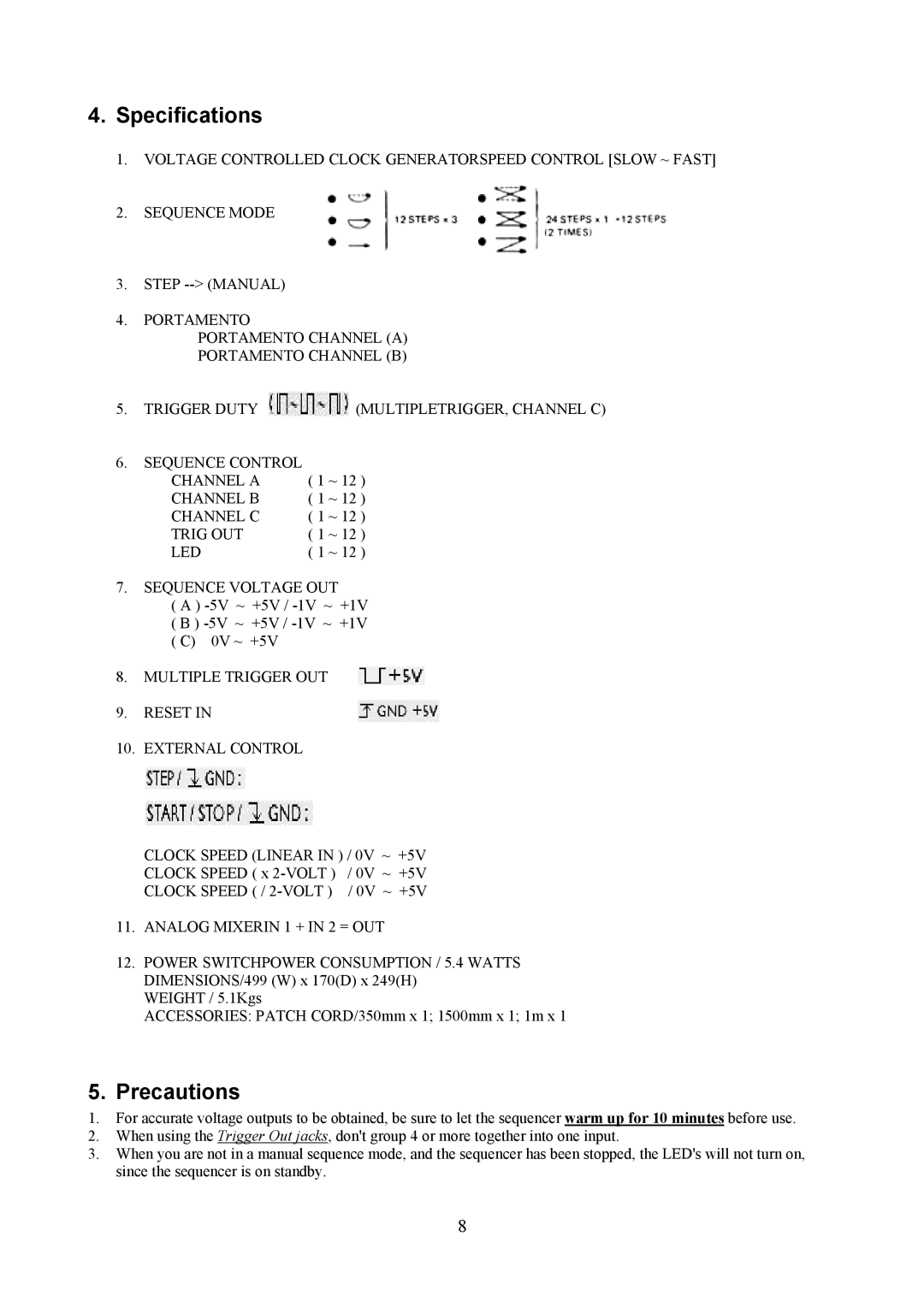 Korg SQ-10 user manual Specifications, Precautions 