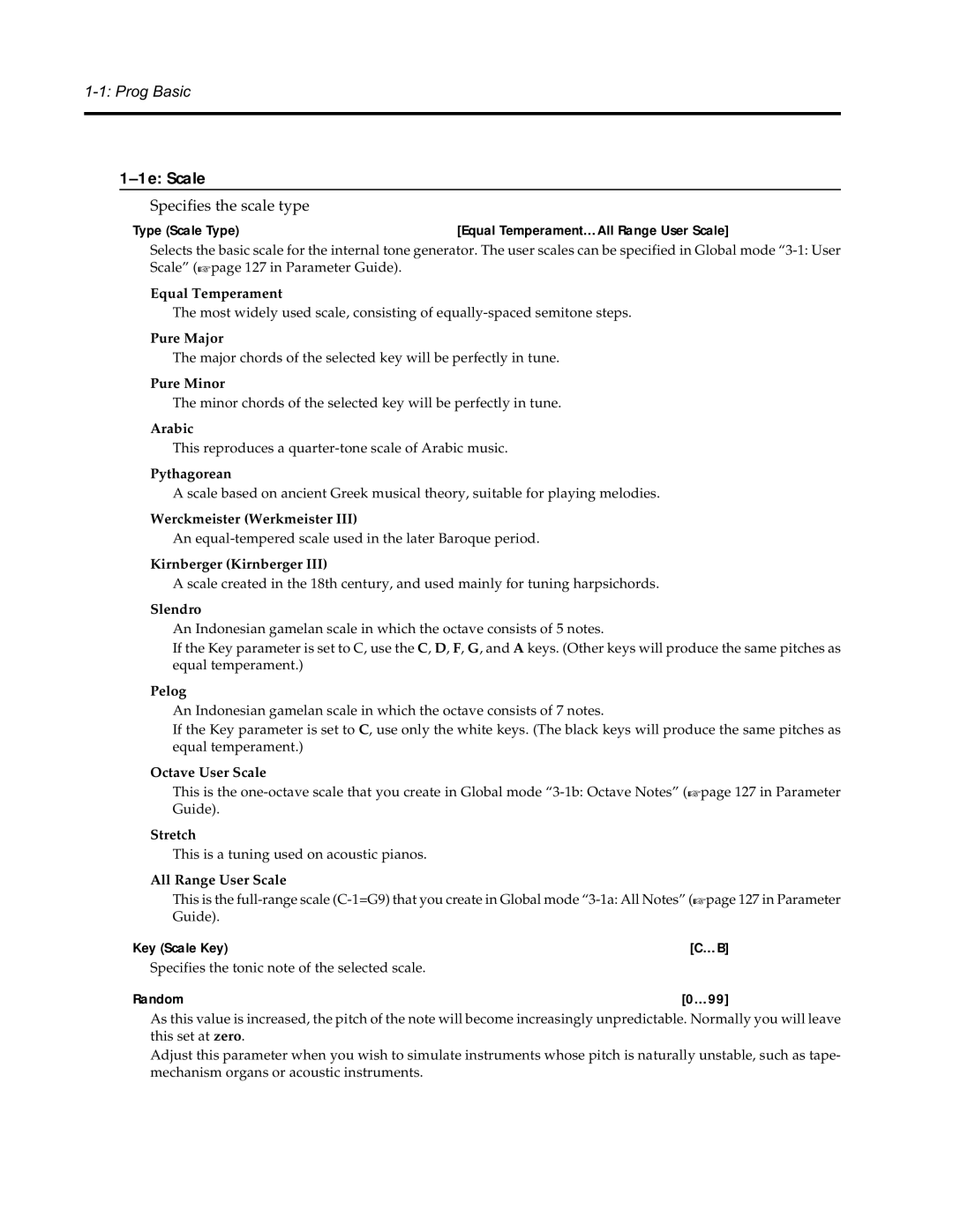 Korg Synthesizer manual 1e Scale, Type Scale Type, Key Scale Key, Random …99 
