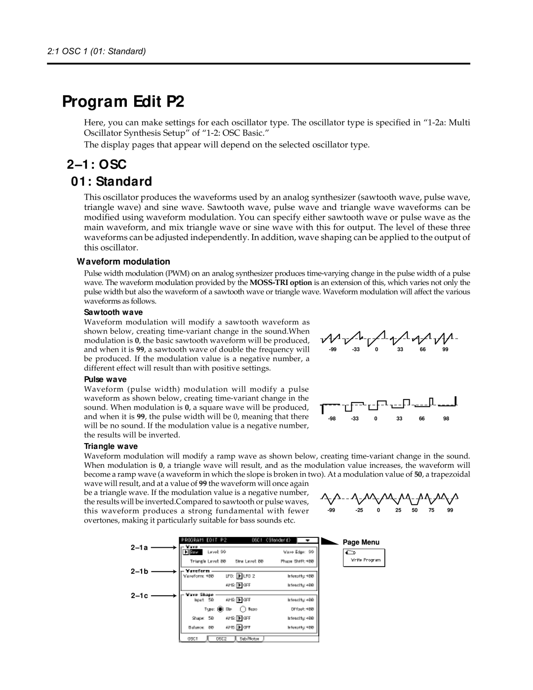 Korg Synthesizer manual Program Edit P2, OSC 01 Standard, Waveform modulation 