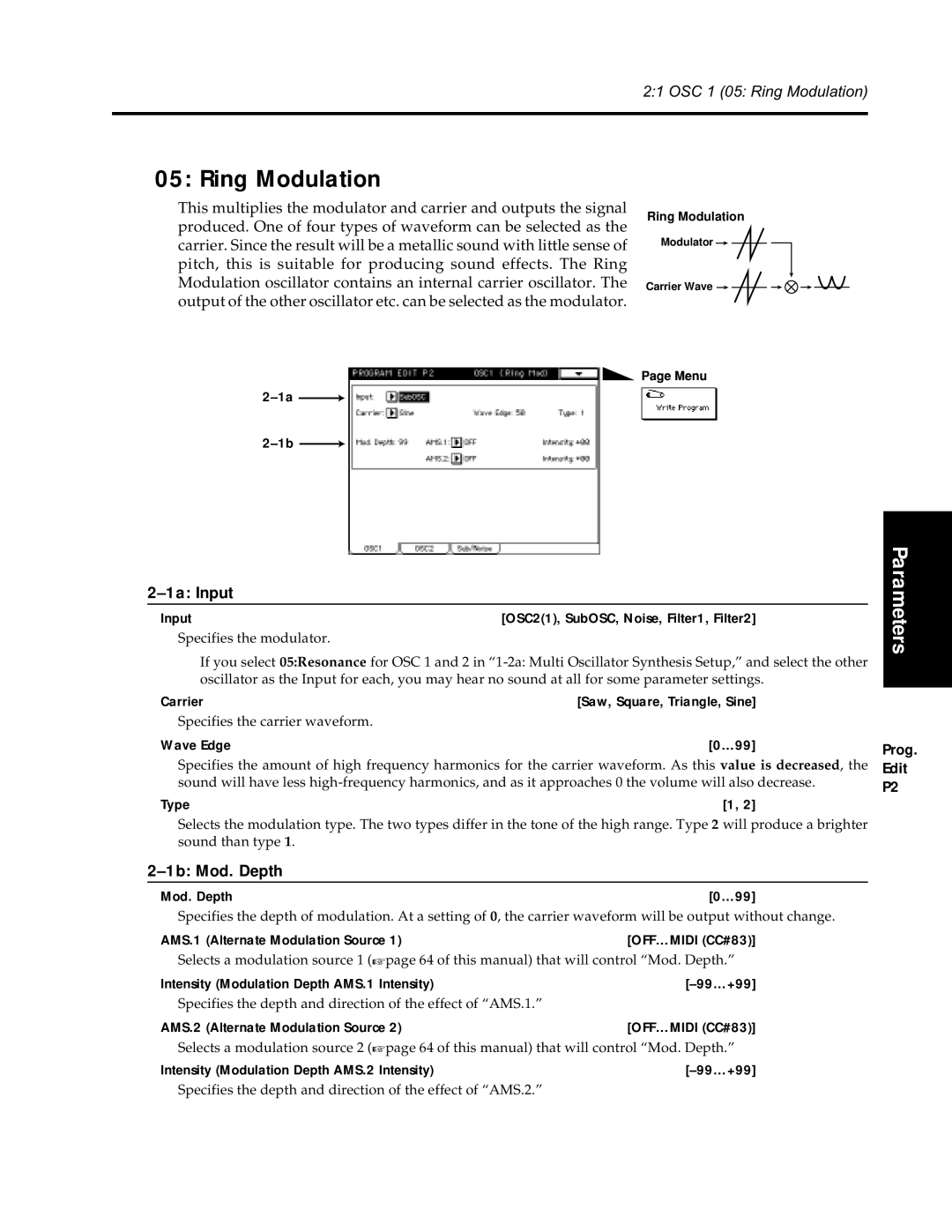 Korg Synthesizer manual Ring Modulation, 1b Mod. Depth 