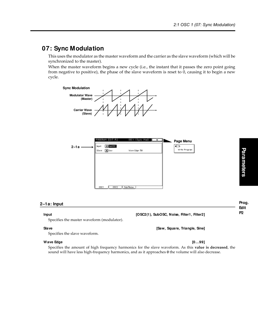 Korg Synthesizer manual Sync Modulation, Slave Saw, Square, Triangle, Sine 