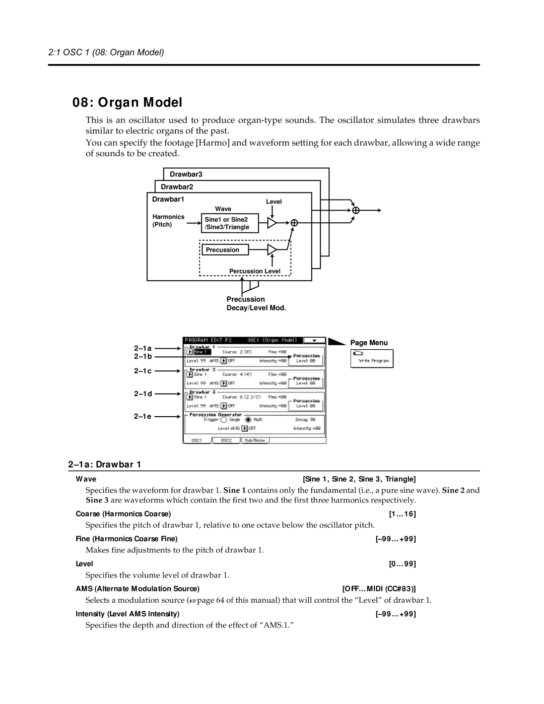 Korg Synthesizer manual Organ Model, 1a Drawbar, Coarse Harmonics Coarse …16, Fine Harmonics Coarse Fine 99…+99 