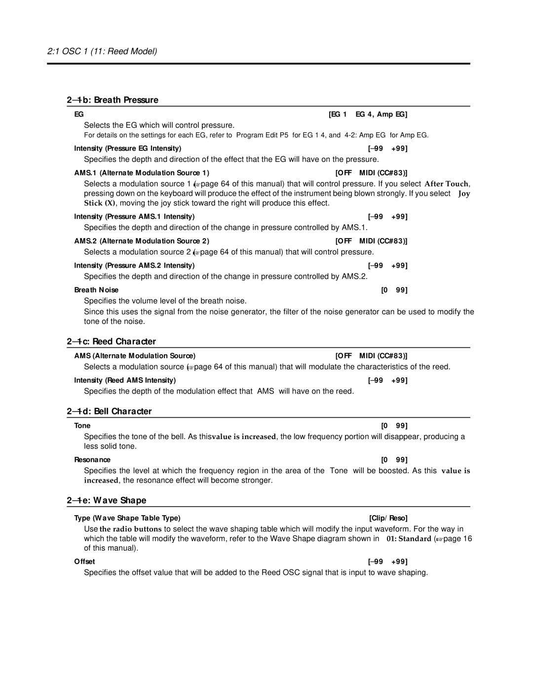Korg Synthesizer manual 1c Reed Character, 1e Wave Shape, Intensity Reed AMS Intensity 99…+99, Offset 99…+99 
