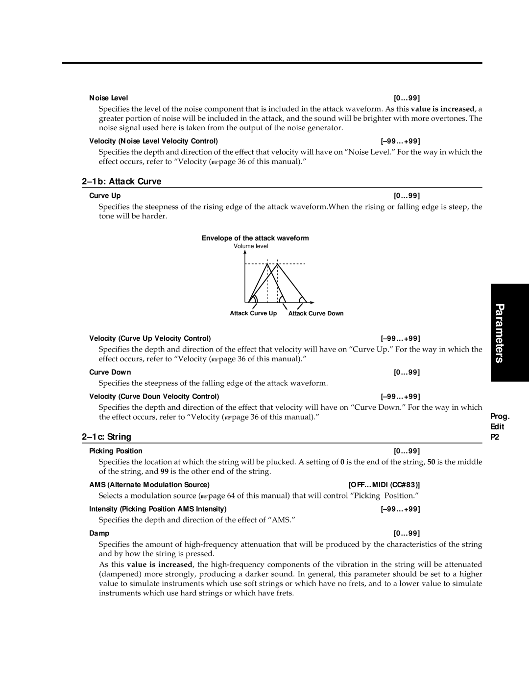 Korg Synthesizer manual 1b Attack Curve, 1c String 