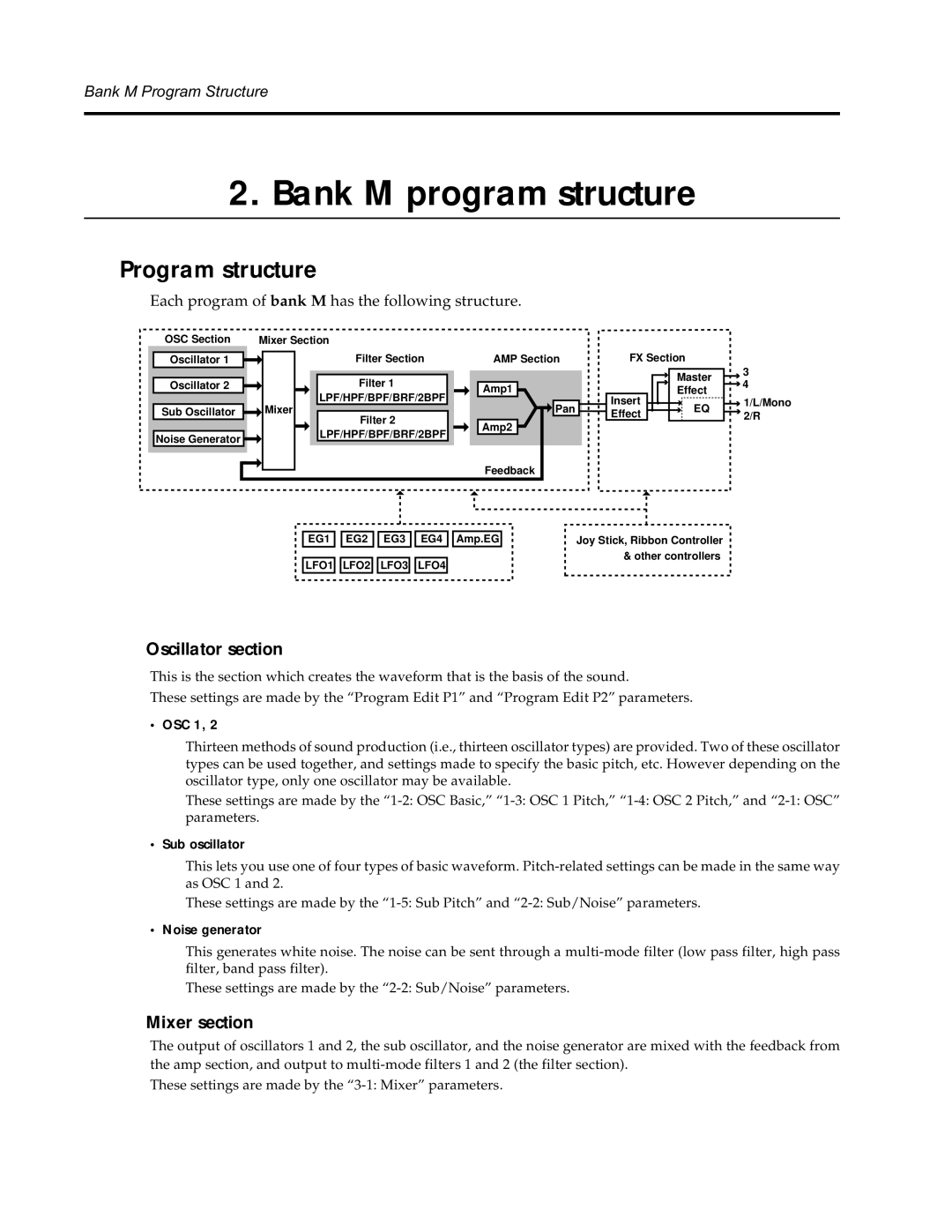 Korg Synthesizer manual Program structure, OSC 1, Sub oscillator, Noise generator 