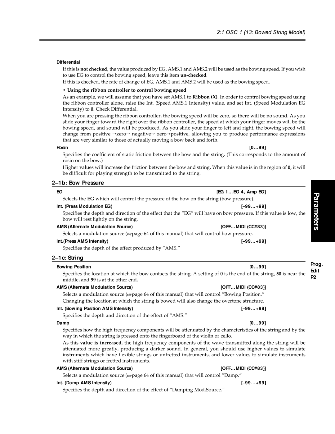 Korg Synthesizer manual 1b Bow Pressure 