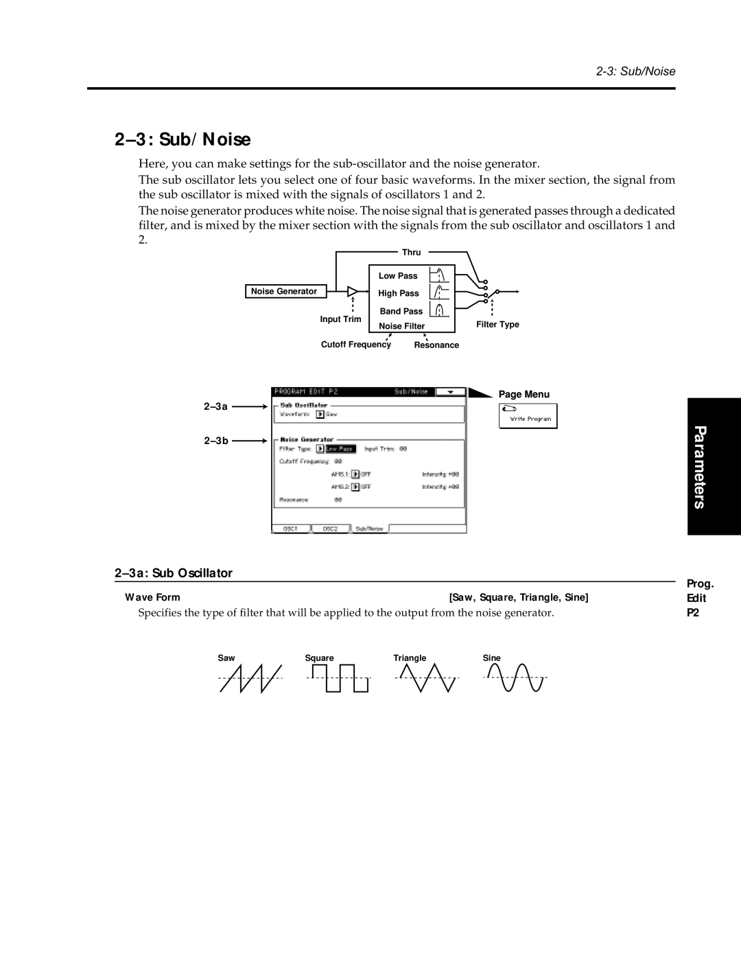 Korg Synthesizer manual Sub/Noise, 3a Sub Oscillator, Wave Form 