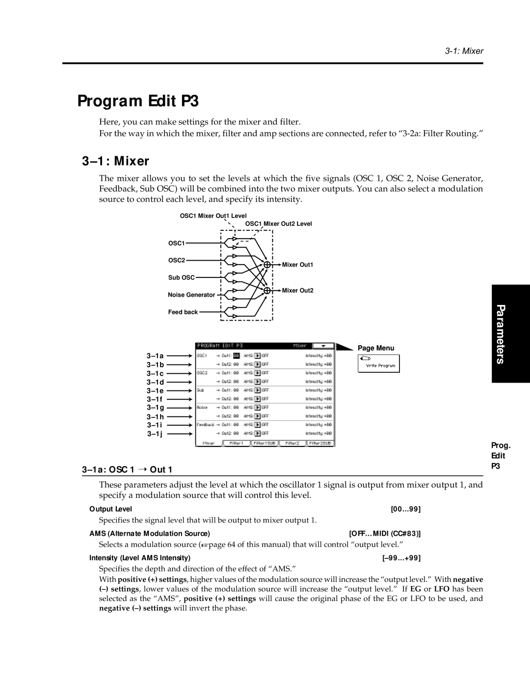 Korg Synthesizer manual Program Edit P3, Mixer, 1a OSC 1 Out, Output Level 00...99, Intensity Level AMS Intensity 99...+99 