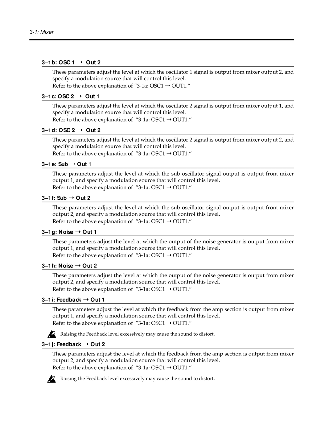 Korg Synthesizer manual 1b OSC 1 Out, 1c OSC 2 Out, 1d OSC 2 Out, 1e Sub Out, 1f Sub Out, 1g Noise Out, 1h Noise Out 