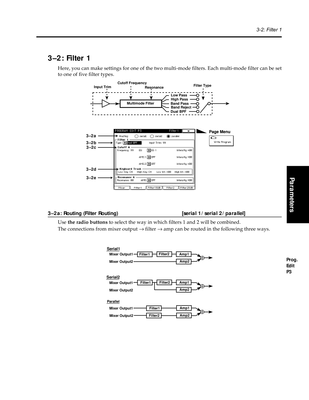 Korg Synthesizer manual 2a Routing Filter Routing Serial 1/serial 2/parallel 