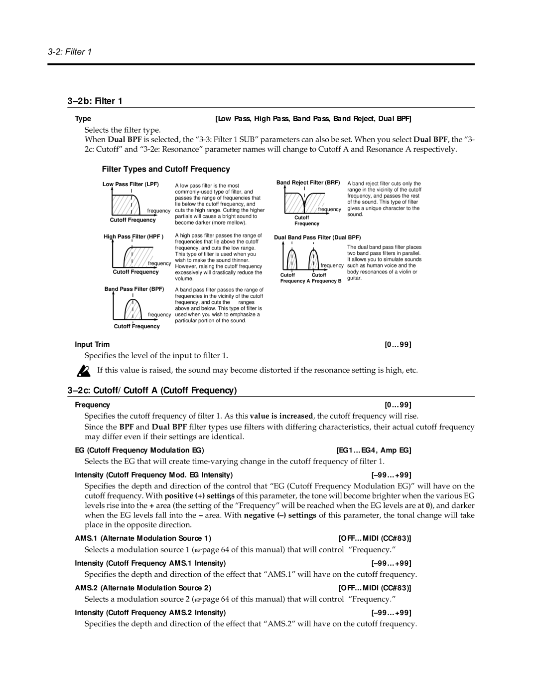 Korg Synthesizer manual 2b Filter, 2c Cutoff/Cutoff a Cutoff Frequency, EG Cutoff Frequency Modulation EG 