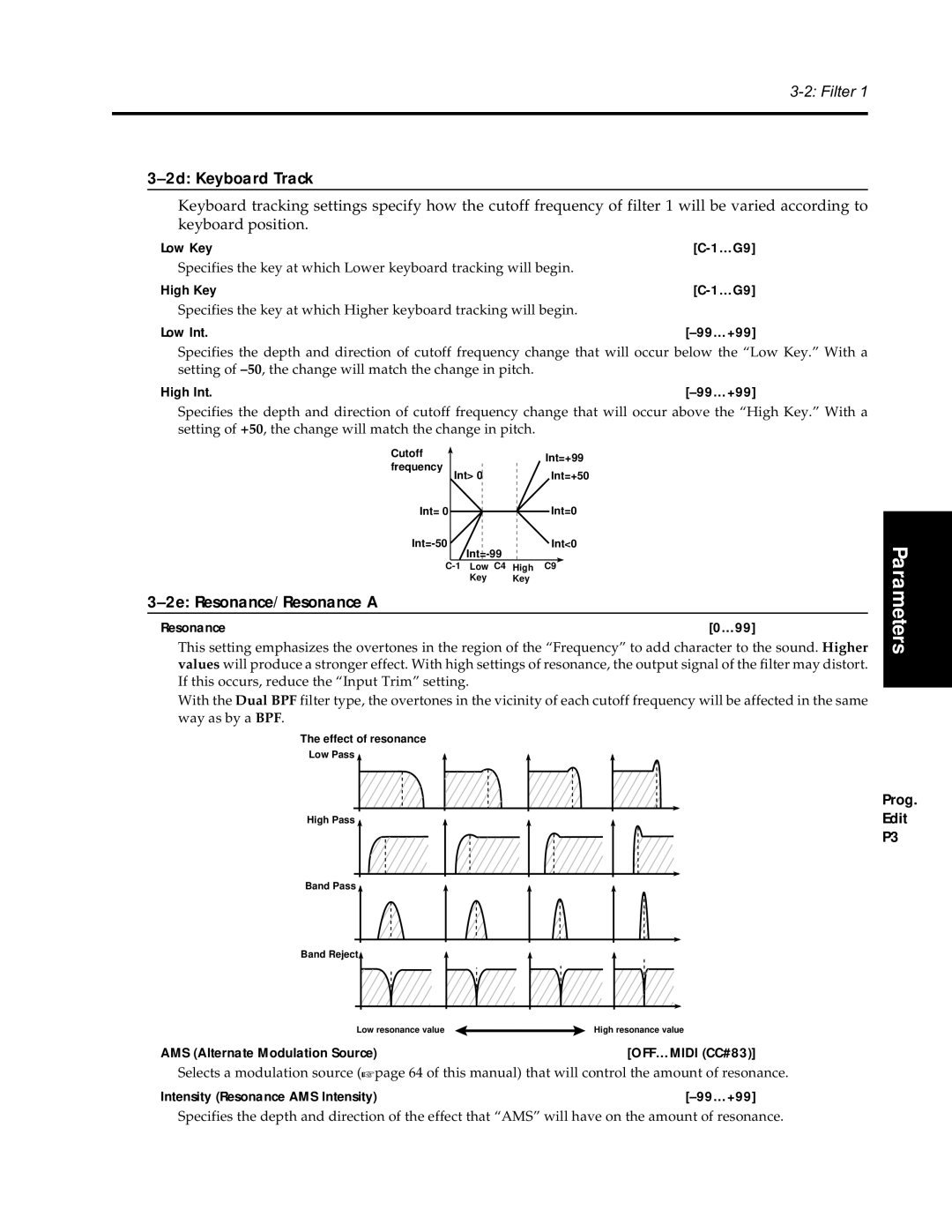 Korg Synthesizer manual 2d Keyboard Track, 2e Resonance/Resonance a, Low Key …G9, High Key …G9 