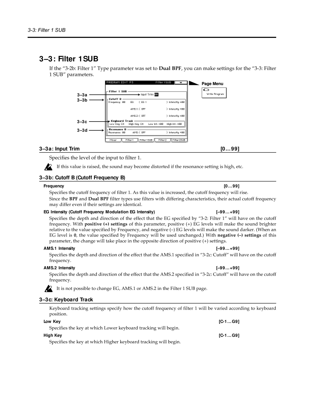 Korg Synthesizer manual Filter 1SUB, 3a Input Trim …99, 3b Cutoff B Cutoff Frequency B, 3c Keyboard Track 