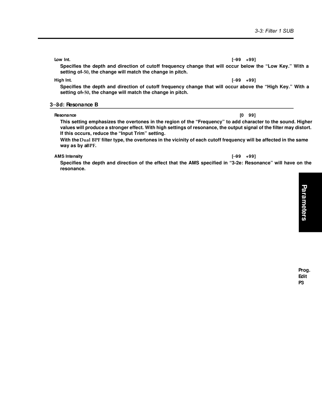 Korg Synthesizer manual 3d Resonance B, AMS Intensity 99…+99 