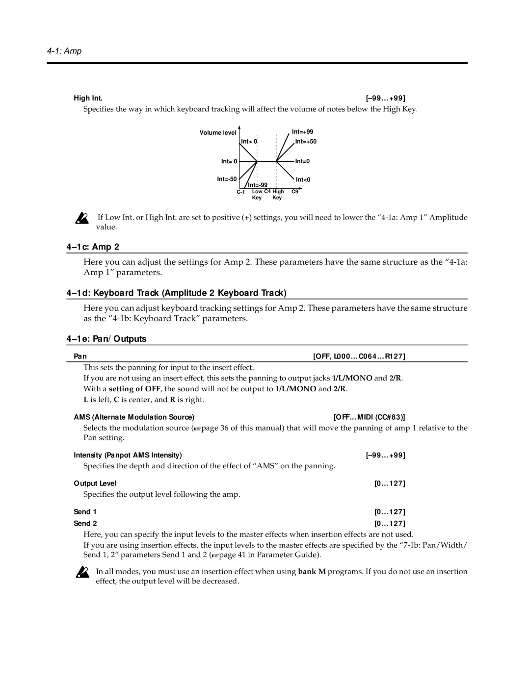 Korg Synthesizer manual 1c Amp, 1d Keyboard Track Amplitude 2 Keyboard Track, 1e Pan/Outputs 