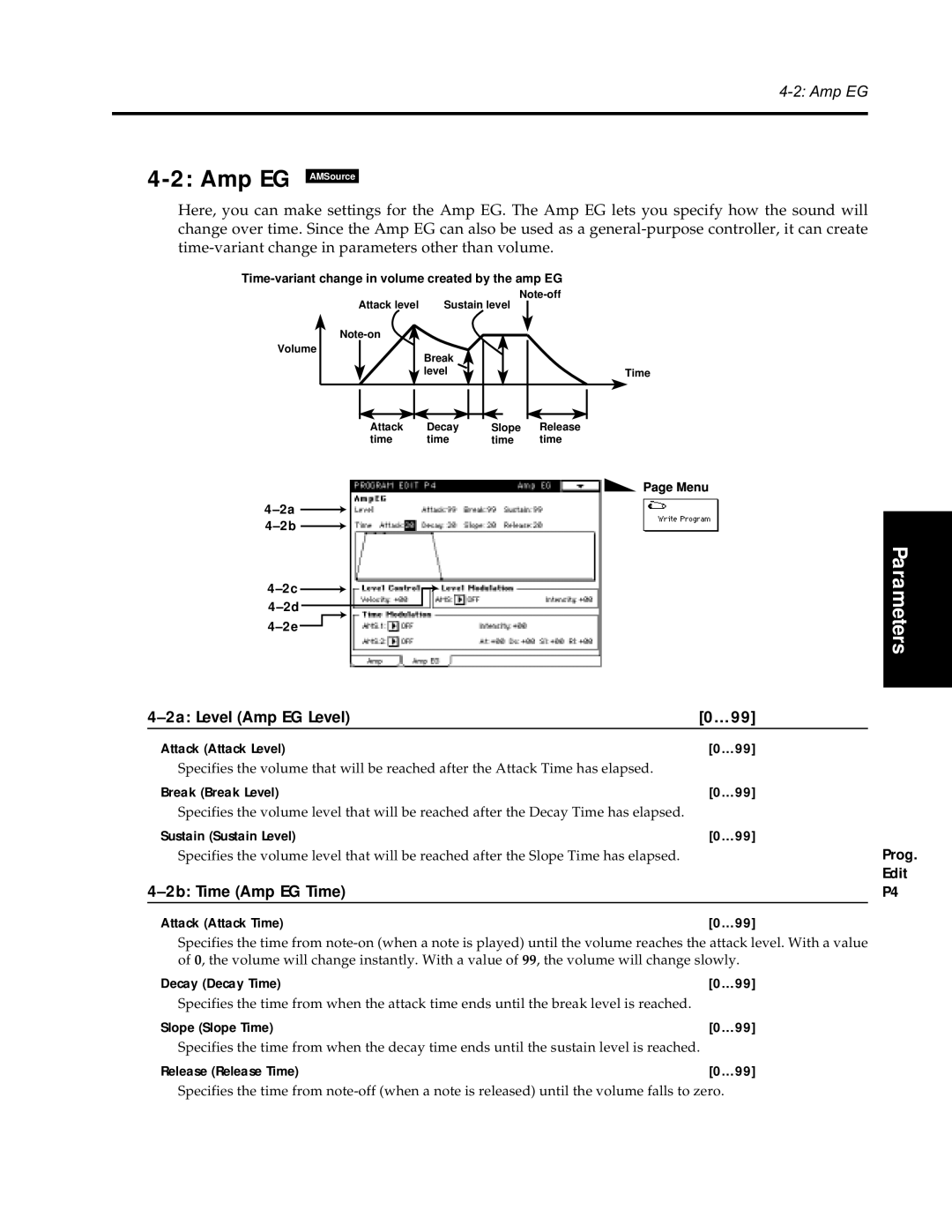 Korg Synthesizer manual 2a Level Amp EG Level …99, 2b Time Amp EG Time 