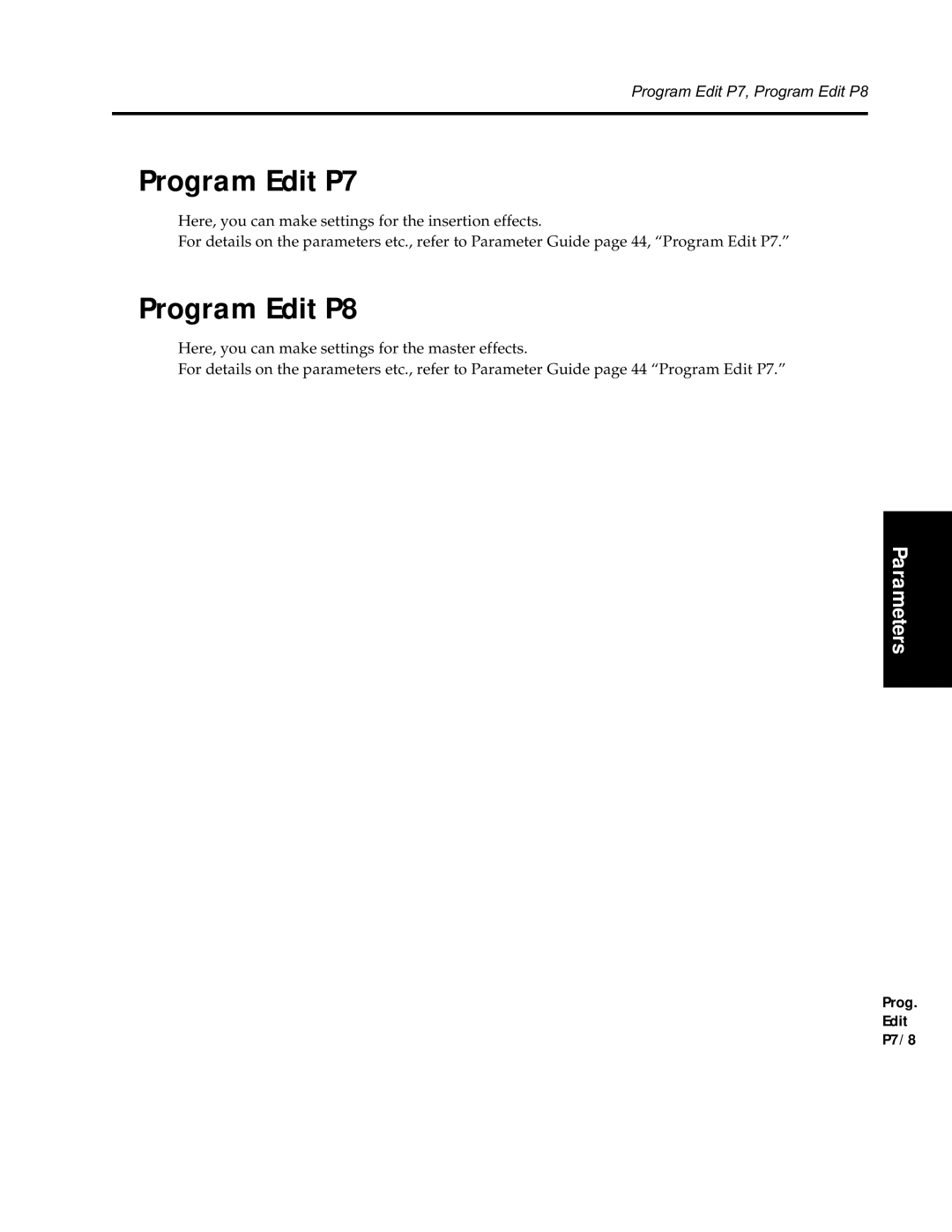 Korg Synthesizer manual Program Edit P7, Program Edit P8 